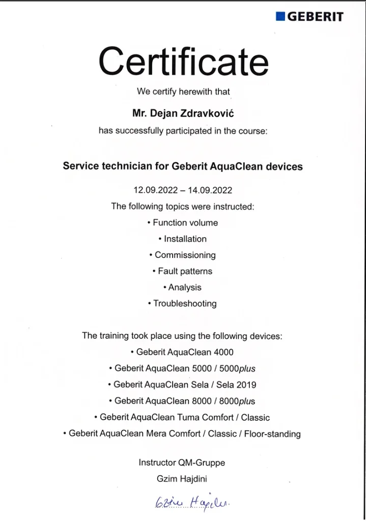 Sertifikat za ovlašćenog AquaClean servisera